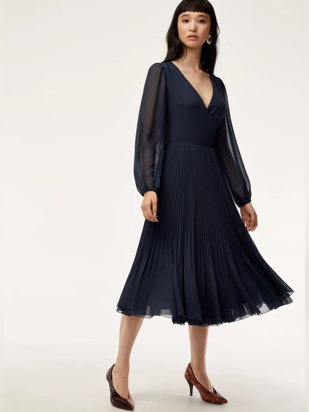 Aritzia Wilfred Beaune Longsleeve Pleated Wrap Midi Long Dress Dark Navy